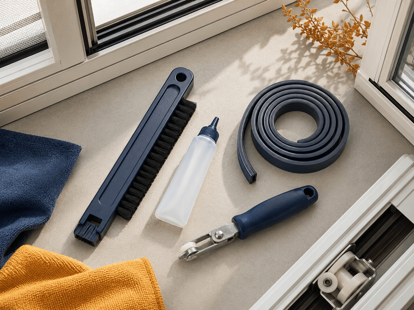 Window & Sliding Track Care Kit — Track cleaning brush, Silicone lubricant, Seal strip
